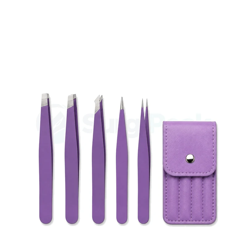 Professional Tweezers for Eyebrows Stainless Steel Kit with Purple Leather Case