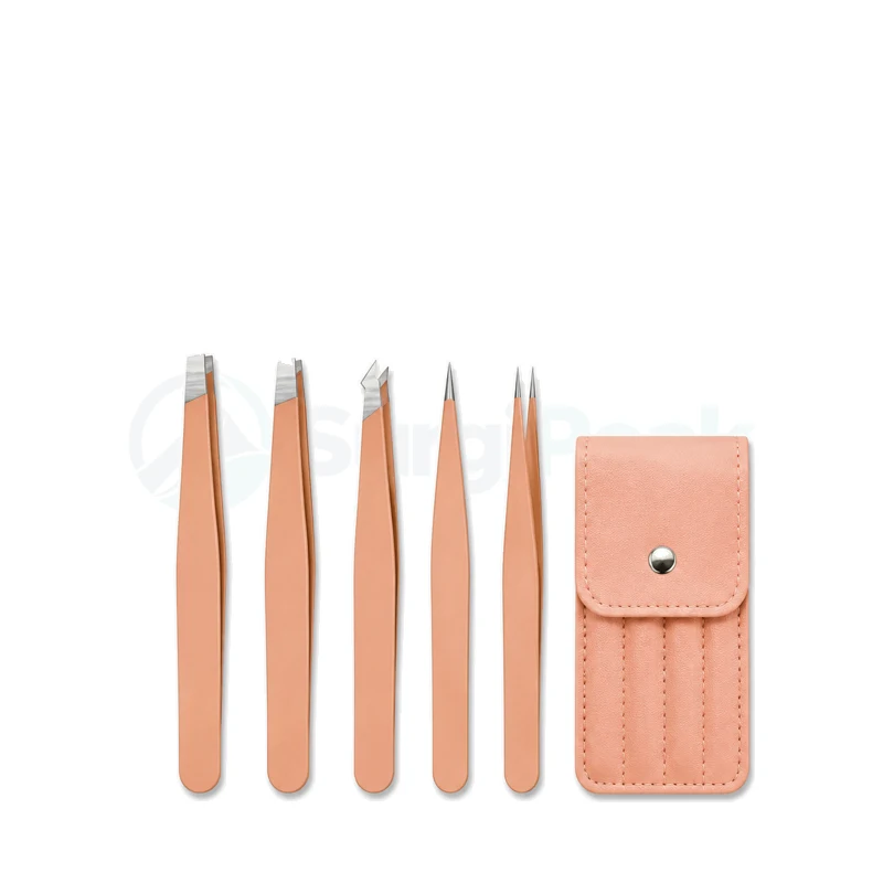 Professional Tweezers for Eyebrows Stainless Steel Kit with Rose Gold Leather Case